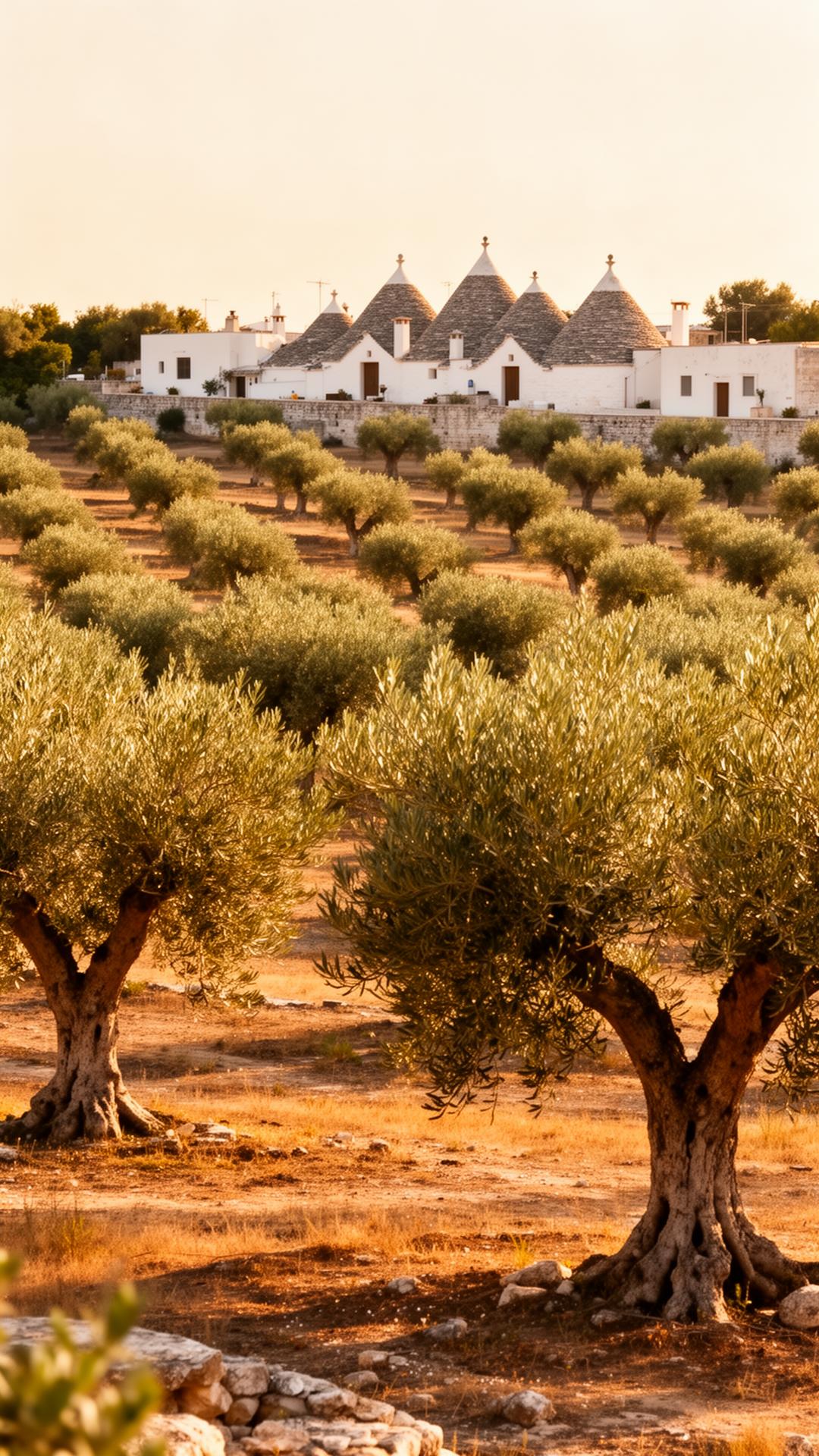 Olivenhain mit traditionellen Trulli in Apulien